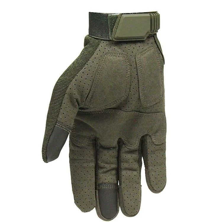 olive green tactical glove with padded knuckles and adjustable wrist strap