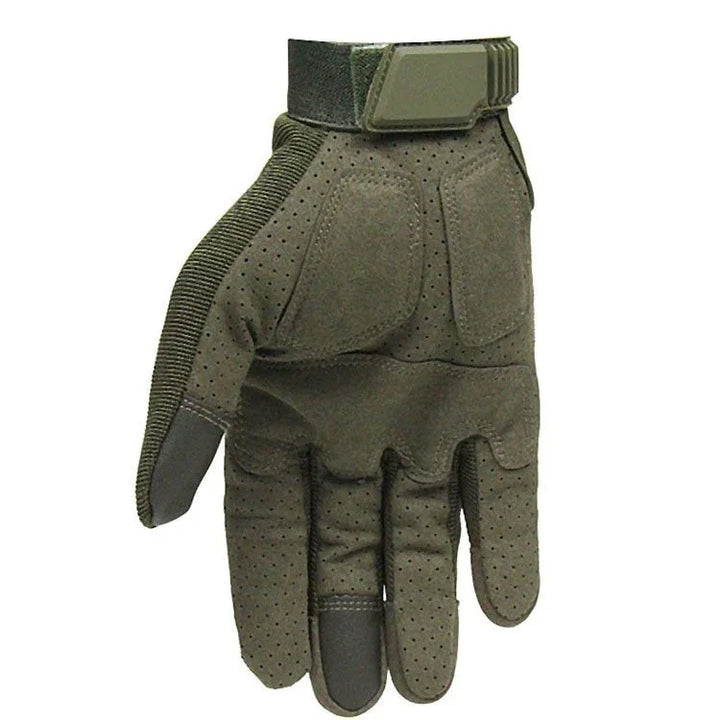 olive green tactical glove with padded knuckles and adjustable wrist strap
