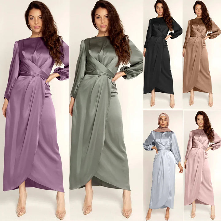 Women modeling long satin wrap dresses in purple, gray, black, brown, silver, and mauve colors