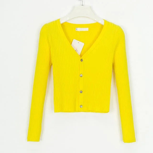 Bright yellow ribbed long-sleeve cropped cardigan with buttons on white hanger