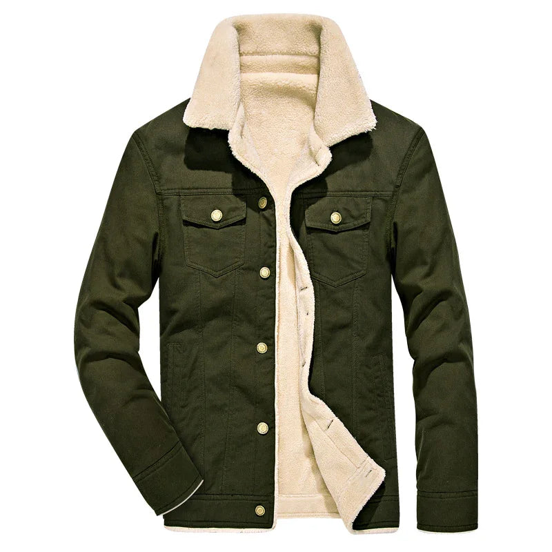 Men's dark green sherpa-lined winter jacket with button-up front and flap chest pockets
