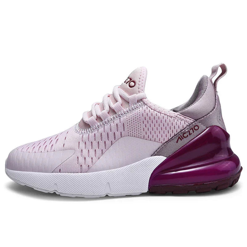 Light pink and purple Nike Air Max 270 sneaker with mesh upper and white sole