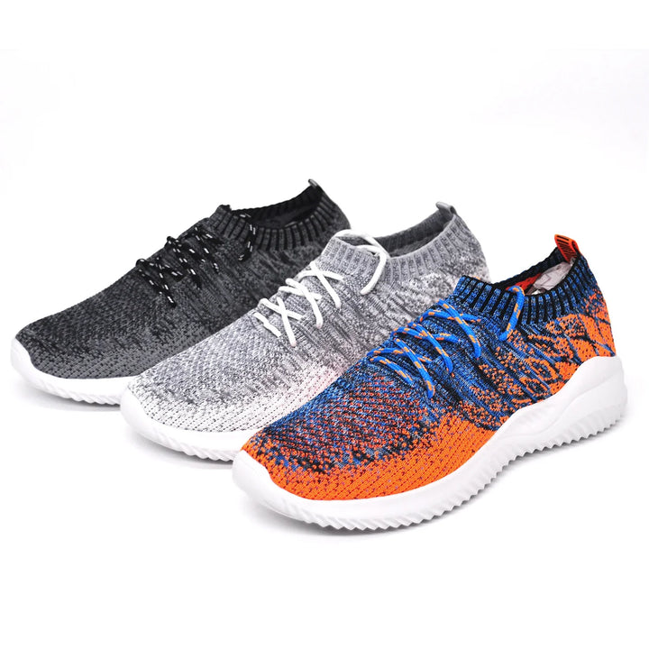 Three knitted athletic sneakers in black, gray, and blue-orange with white soles on white background