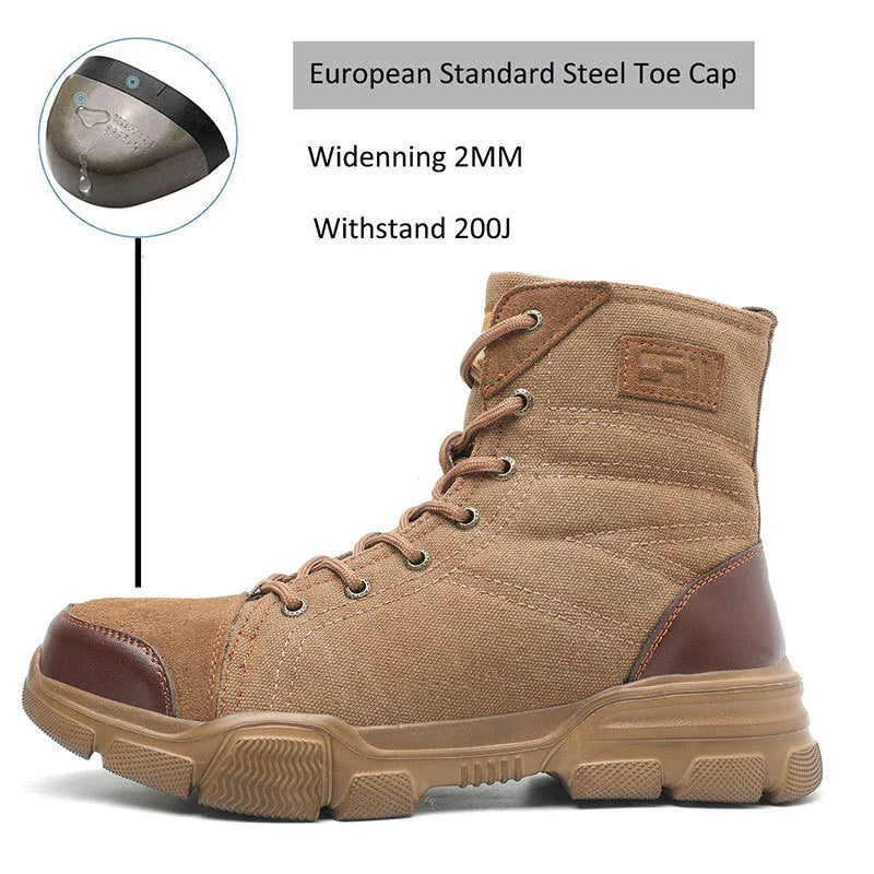 Brown work boot with European standard steel toe cap and durable rubber sole