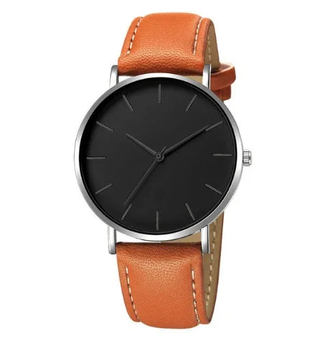 Minimalist wristwatch with black dial and brown leather strap with white stitching