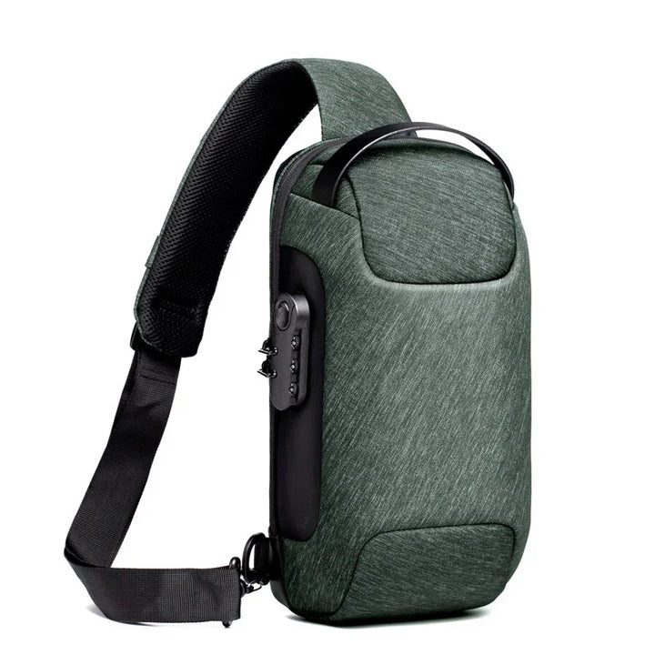 Compact dark green sling backpack with padded shoulder strap and side combination lock