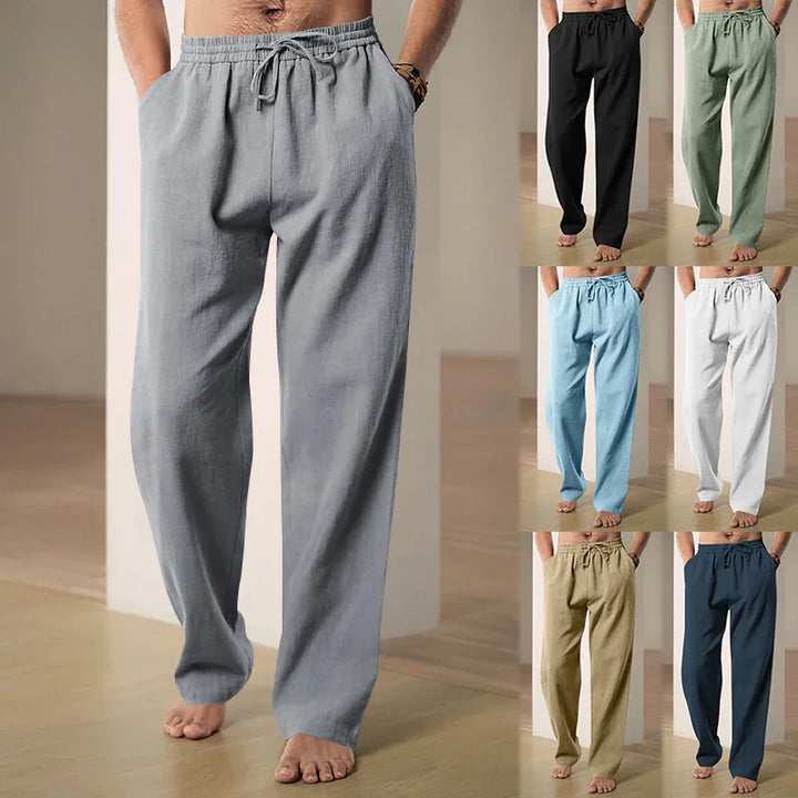 Men's casual linen pants with drawstring waist in gray, black, green, blue, white, beige, and navy colors