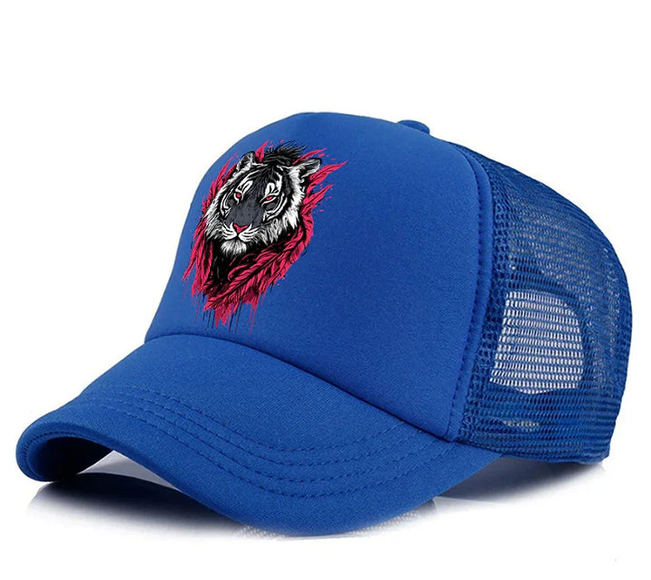 Blue mesh trucker cap with black and white tiger face and red flames graphic design