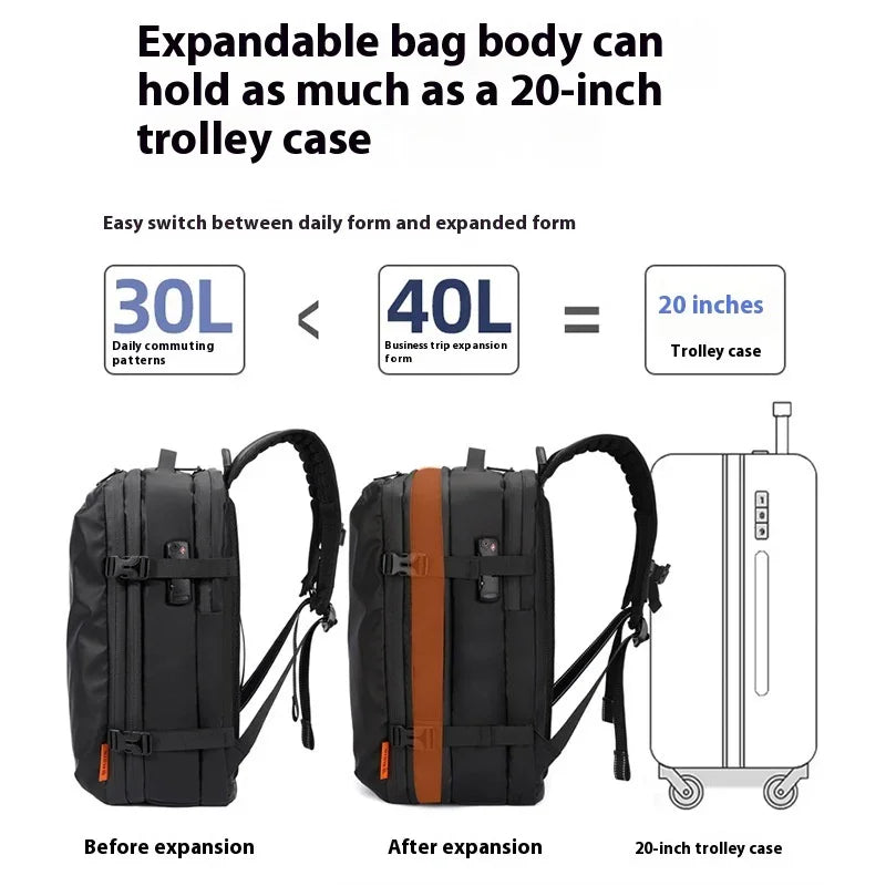 Expandable black backpack with 30L daily and 40L expanded capacity, matching 20-inch trolley case size