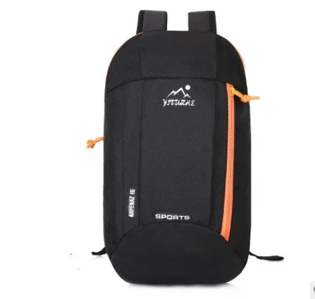 Black sports backpack with orange zipper and shoulder straps, outdoor gear design