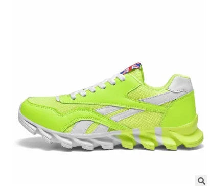 neon yellow athletic sneaker with white accents and unique textured sole