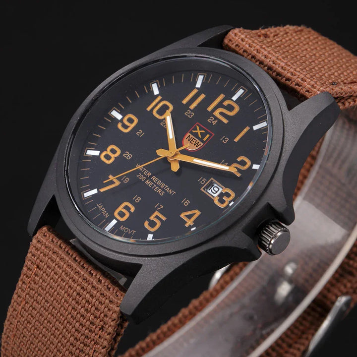 Black analog wristwatch with brown fabric strap, orange numerals, date display, and water resistance up to 200 meters
