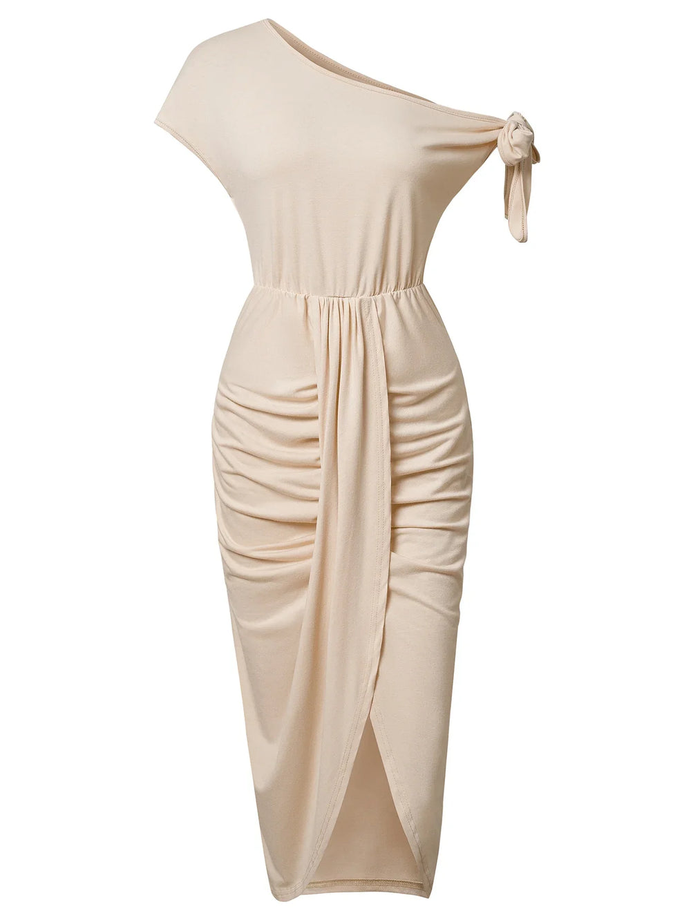 Beige one-shoulder midi dress with ruched skirt and side tie detail