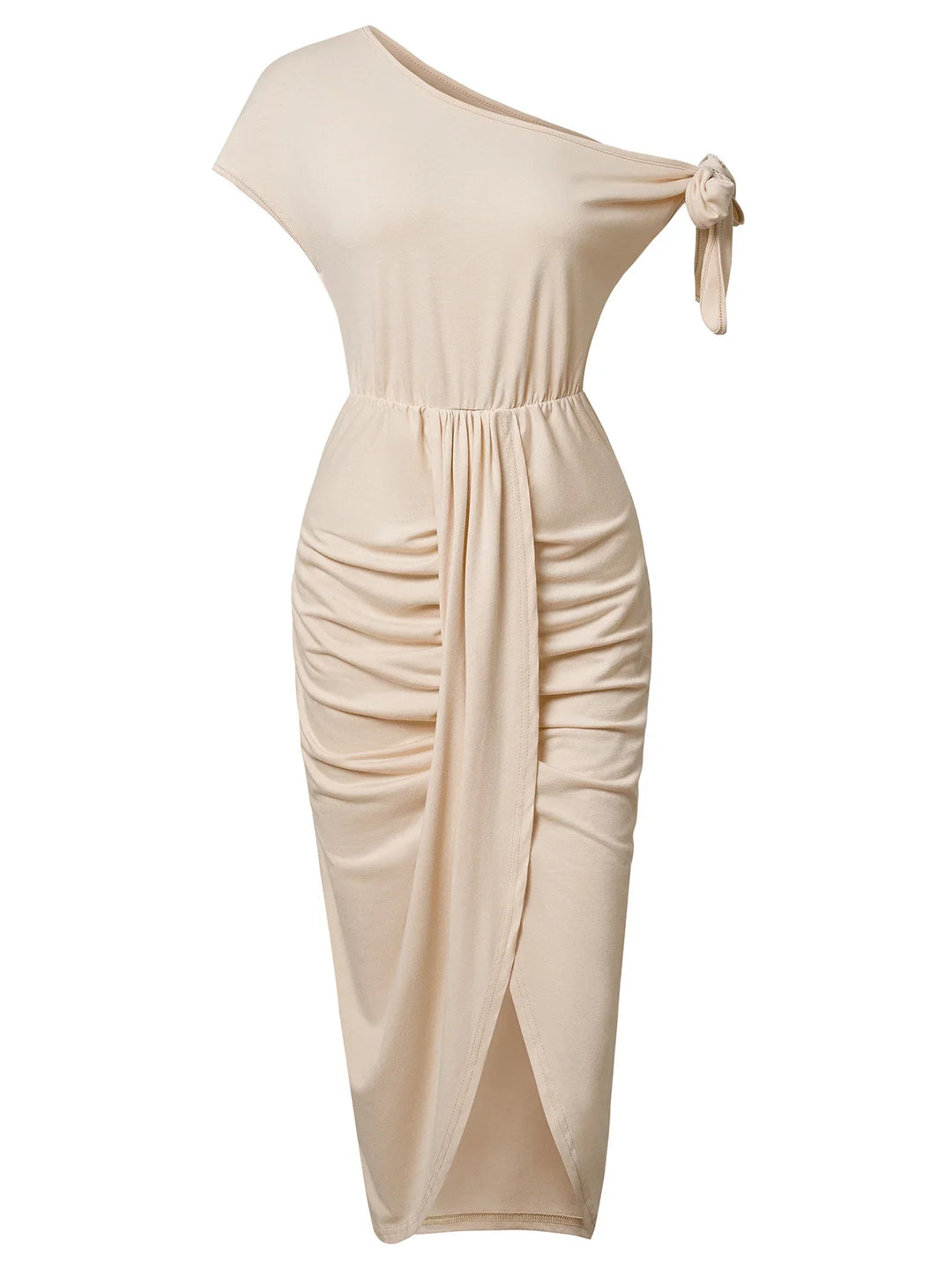 Beige one-shoulder midi dress with ruched skirt and side tie detail