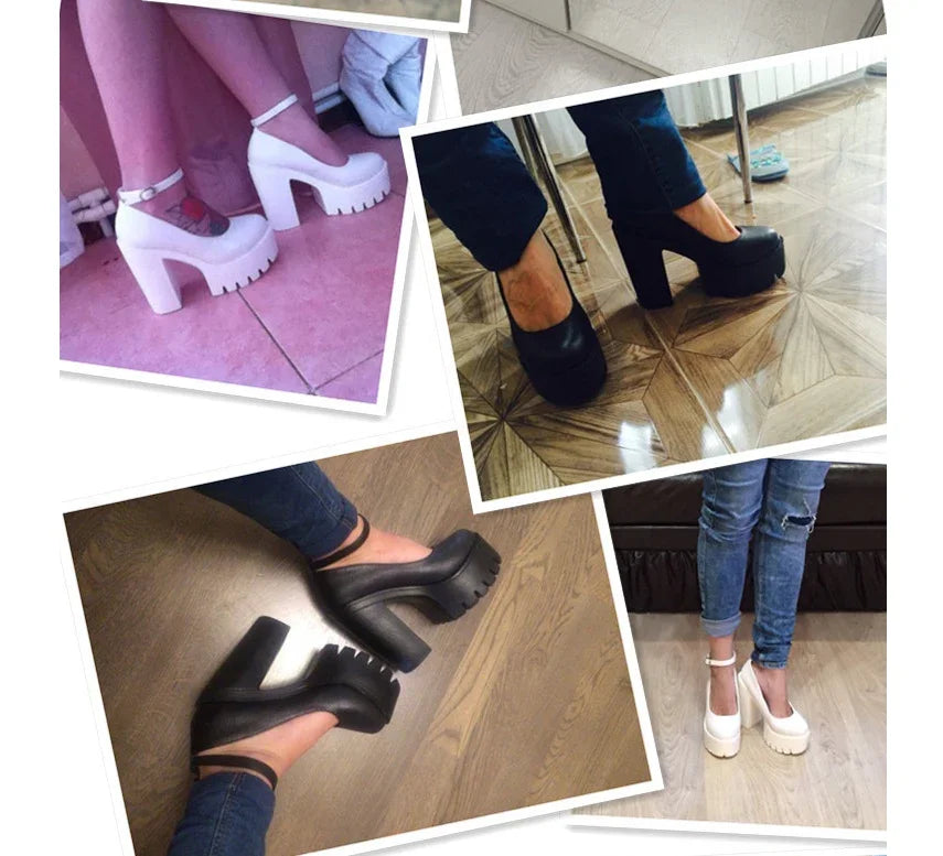 Collage of chunky platform heels in white and black worn with jeans on various floors