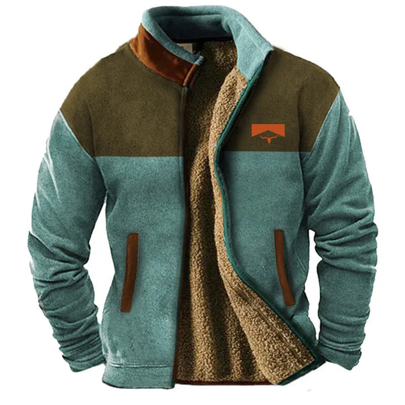 Men's fleece jacket with blue and olive color blocks, brown leather accents, and sherpa lining