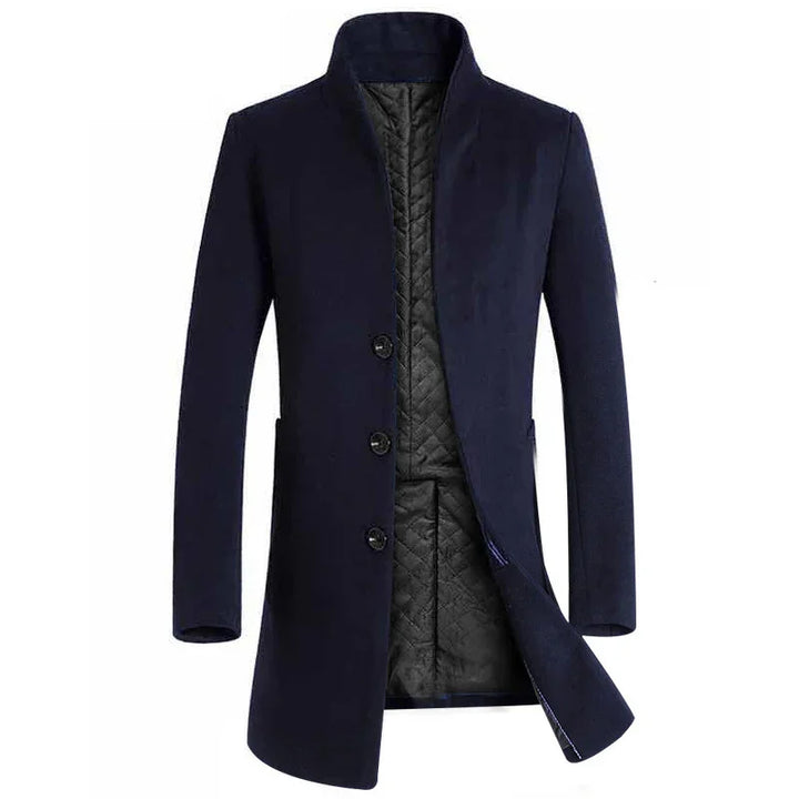 Men's navy blue wool coat with quilted black lining and three-button closure