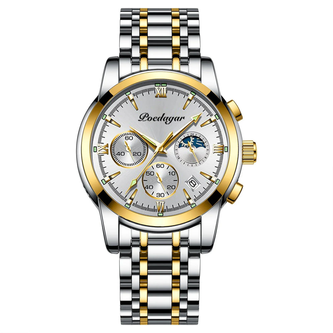 Luxury Poedagar men's wristwatch with silver and gold two-tone metal band and chronograph dial