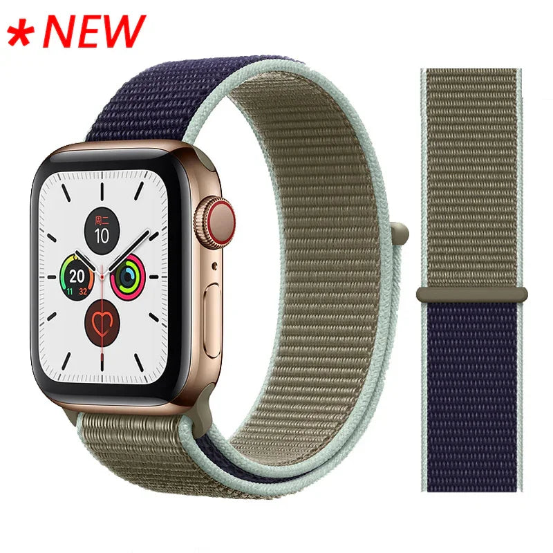 New Apple Watch with beige and dark navy woven nylon sport loop band on white background
