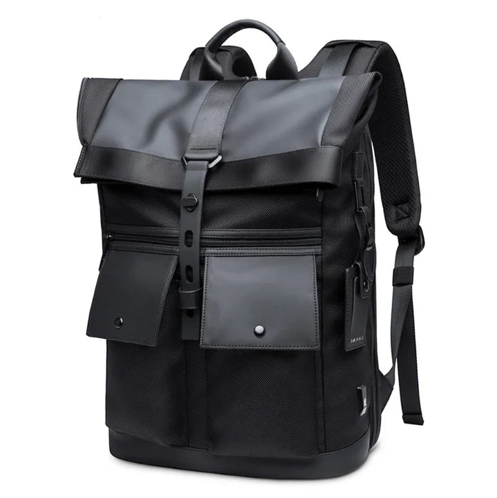 Black roll-top backpack with dual front snap pockets and adjustable padded shoulder straps