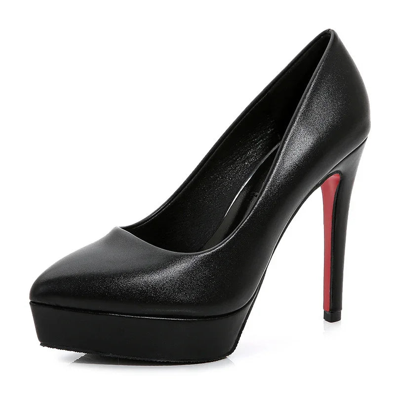 sleek black high heel platform pump with red sole on white background