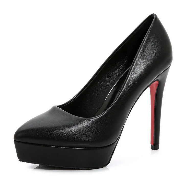 sleek black high heel platform pump with red sole on white background