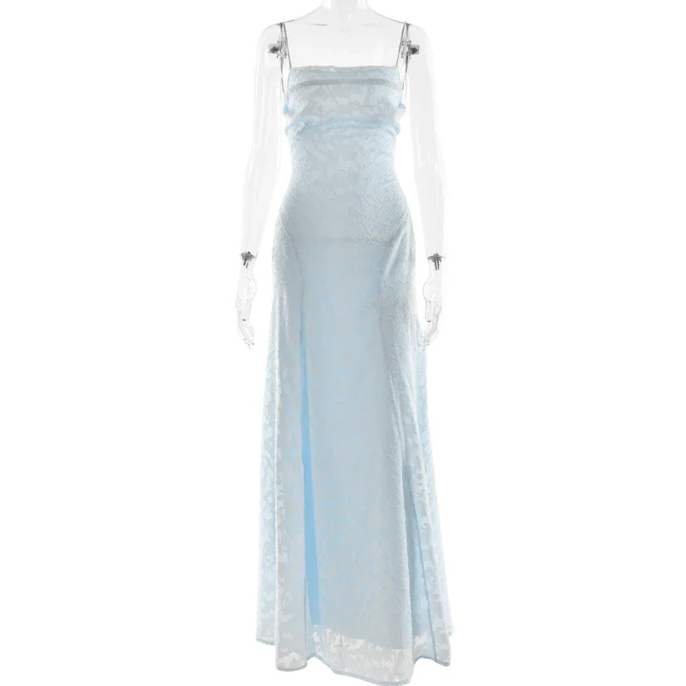 Light blue floral lace maxi dress on transparent mannequin with spaghetti straps