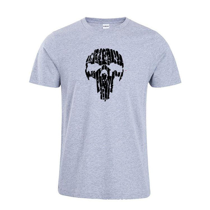 Light gray short-sleeve t-shirt with black distorted skull graphic design on front