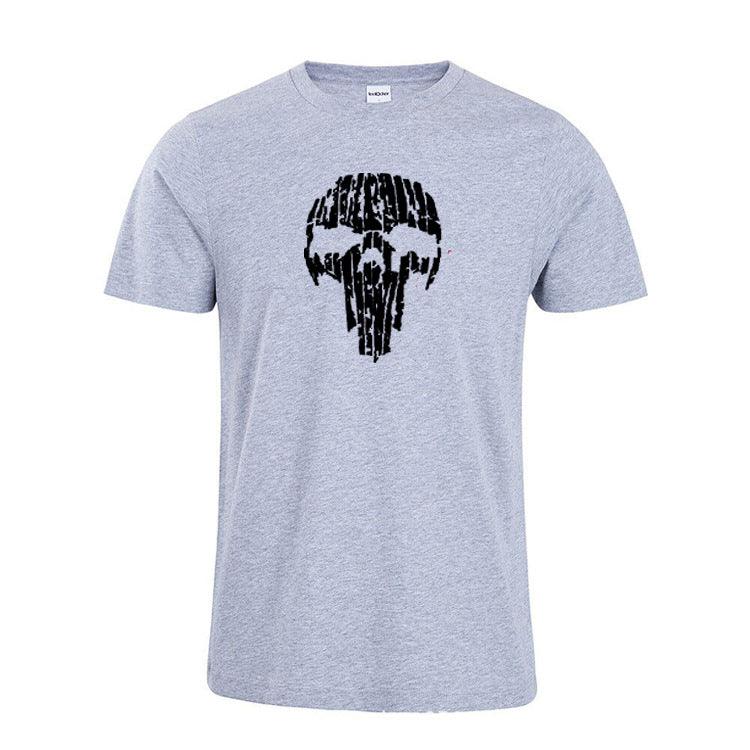 Light gray t-shirt with black abstract vertical stripes forming a skull design on front