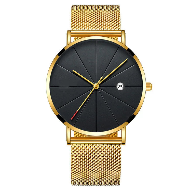 Elegant gold mesh strap wristwatch with black textured dial and date display