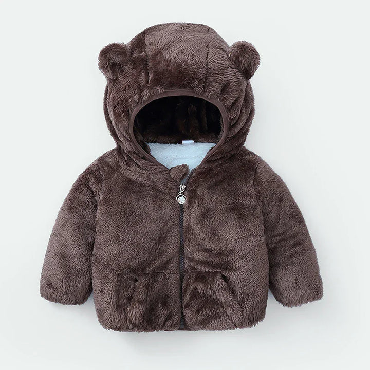 Brown plush baby jacket with hood and bear ears, front zipper and pockets