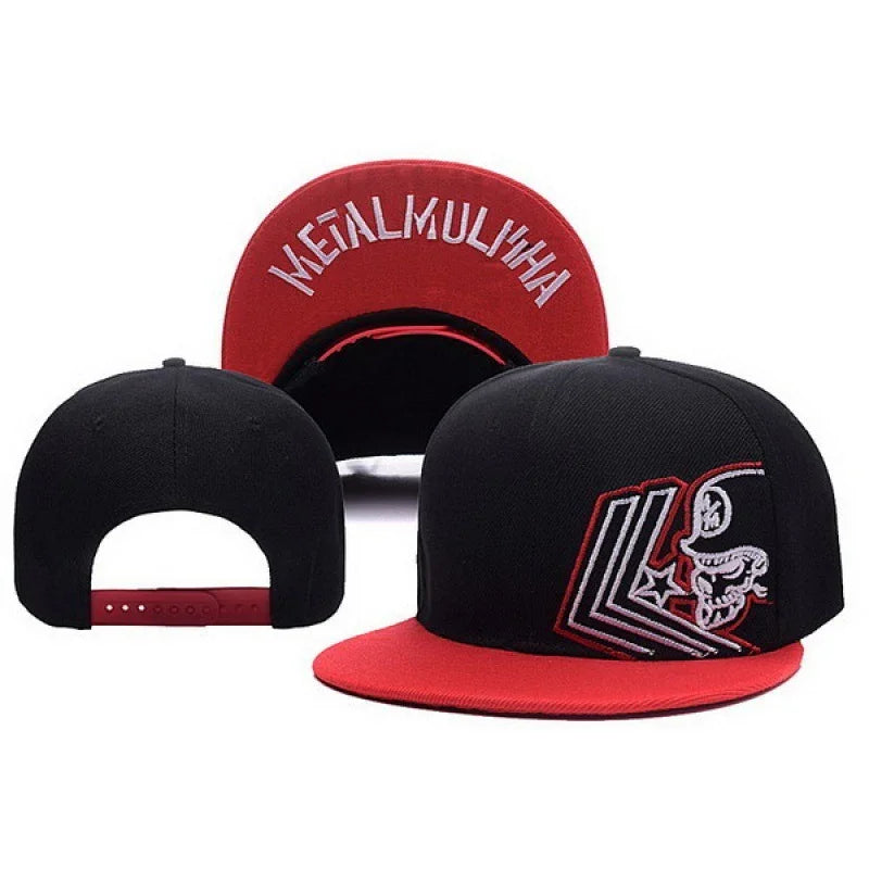 Black and red snapback cap with embroidered skull and chevron design, METAL MULISHA logo under brim