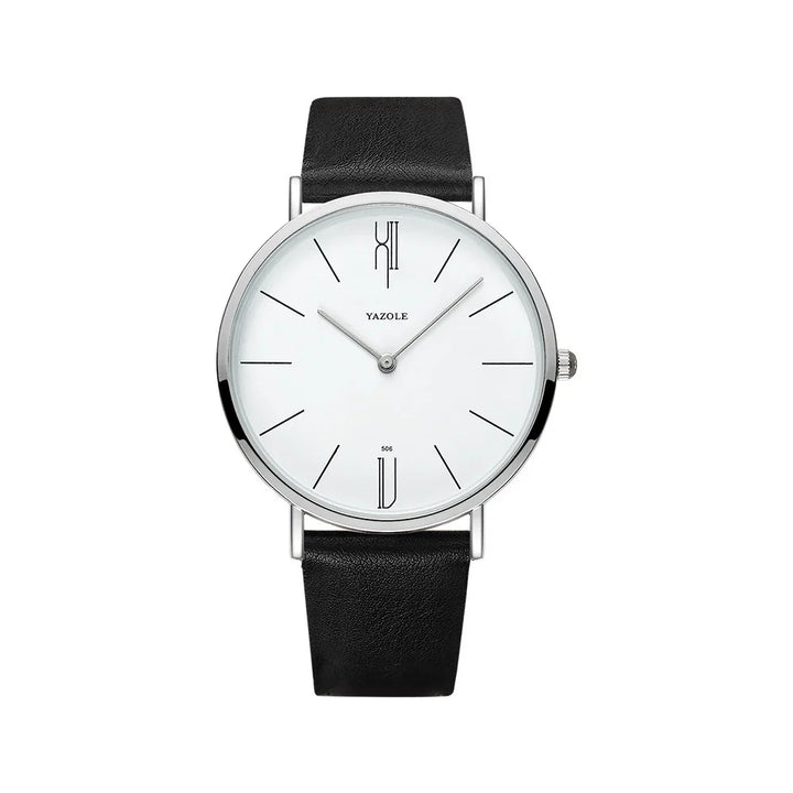 Minimalist Yazole wristwatch with white dial, black leather strap, and sleek silver case