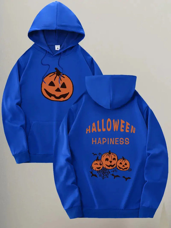 Blue Halloween hoodie with jack-o-lantern pumpkin on front and three pumpkins with bats, spider web, text on back