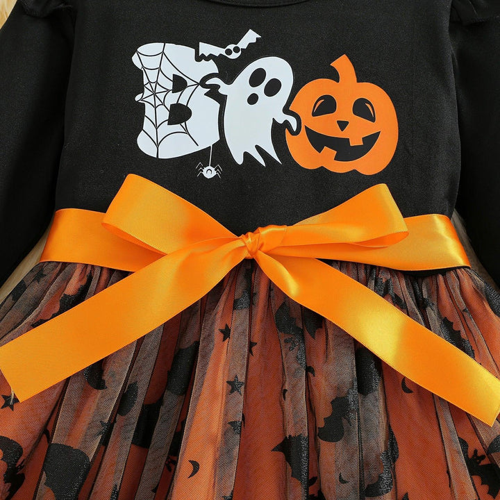 Halloween dress with black top featuring ghost, spider, pumpkin print and orange bow, orange tulle skirt