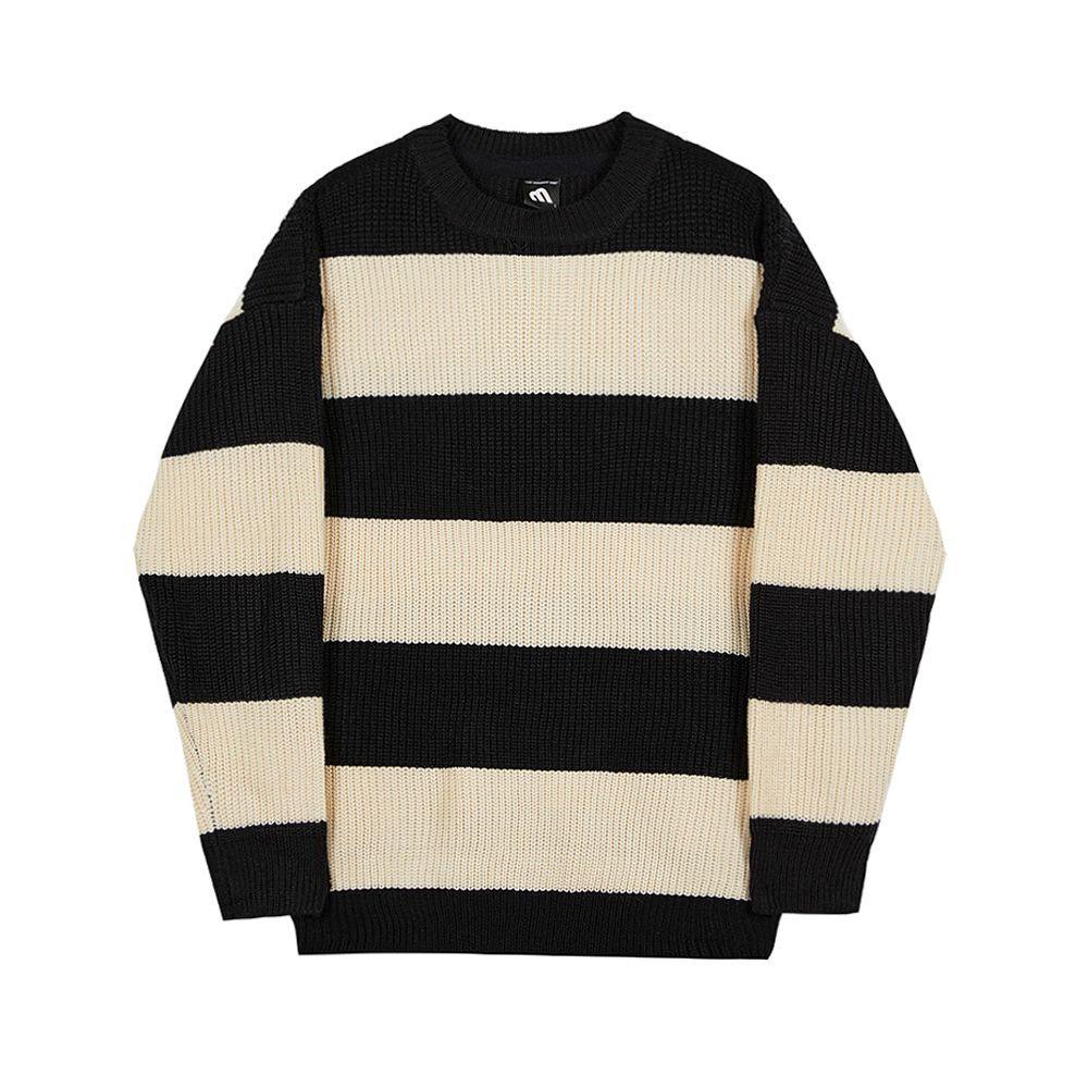 Black and cream striped knit sweater with long sleeves and crew neck
