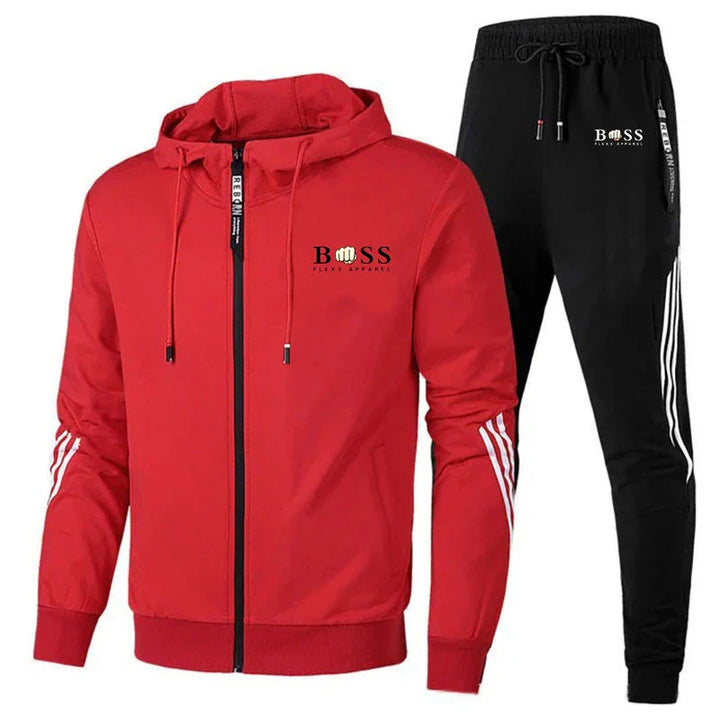 Red zip-up hoodie and black jogger pants set with BOSS Flexx Apparel logo and white stripes