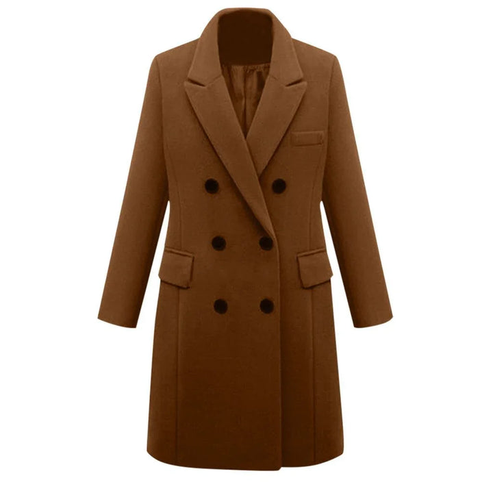 Brown double-breasted wool coat with notch lapel collar and flap pockets for women
