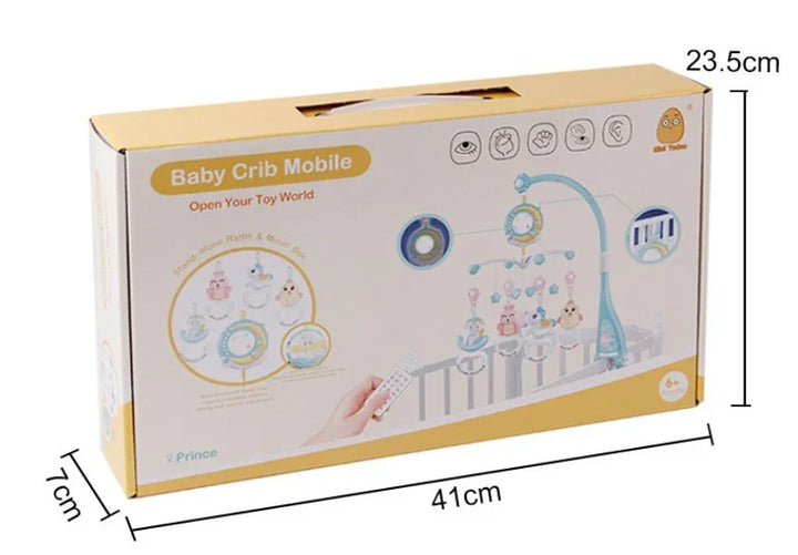 Baby crib mobile toy with musical rotation and remote control in packaging box