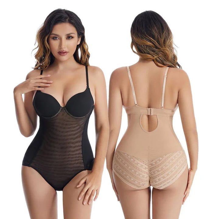 Woman wearing black and nude shapewear bodysuits with adjustable straps, front and back views