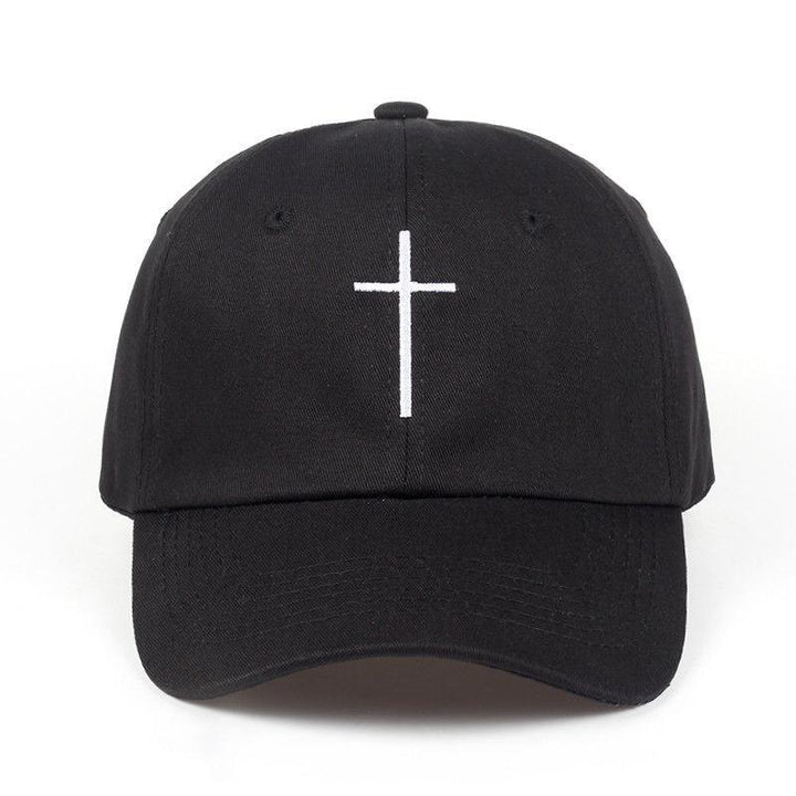 Black baseball cap with white embroidered vertical cross on front