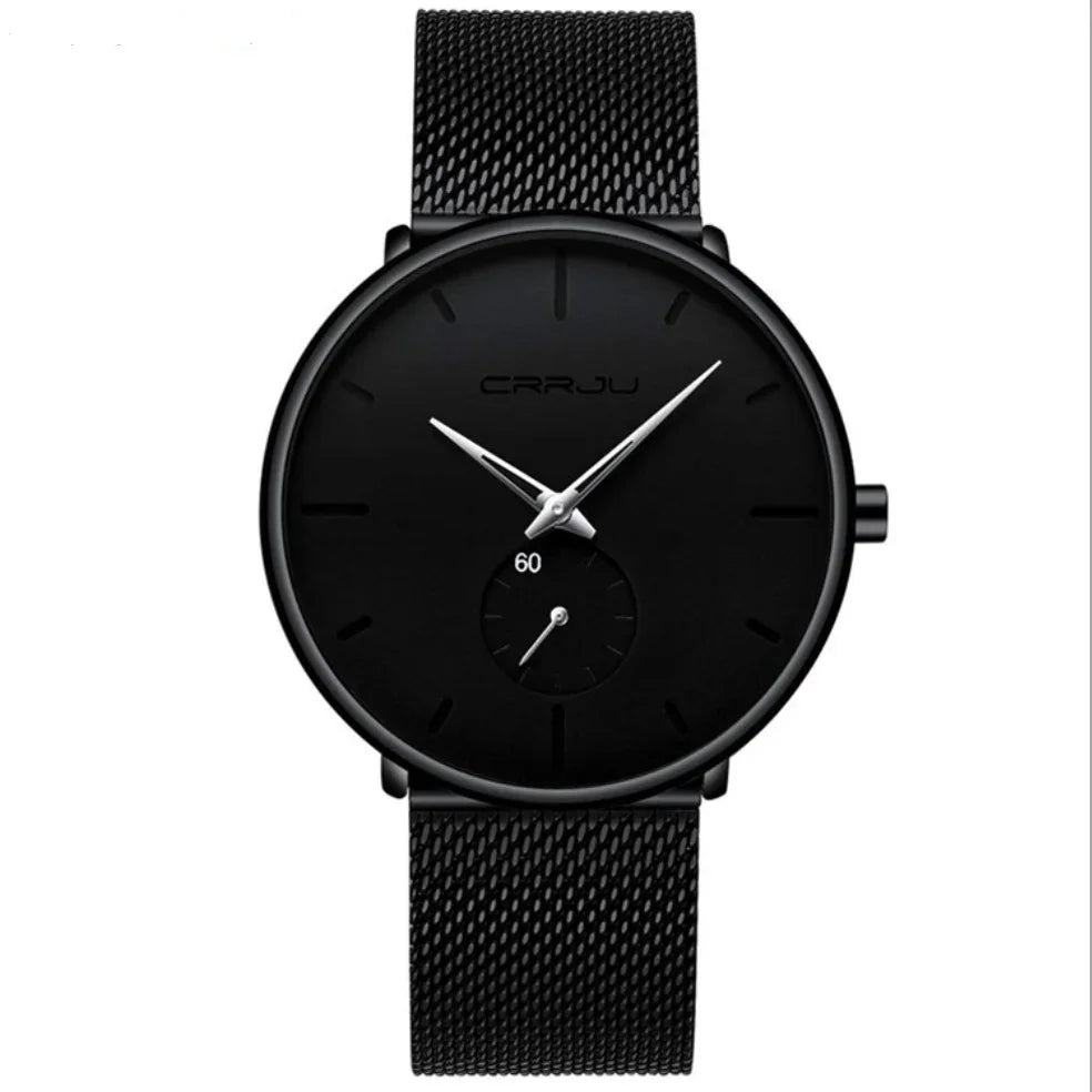 Minimalist black CRRJU wristwatch with mesh strap and silver hands on black dial