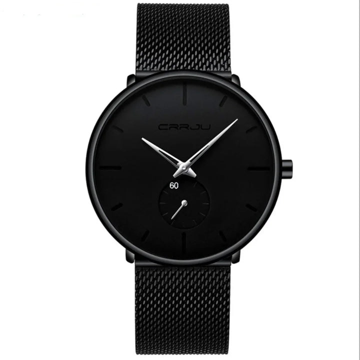 Minimalist black CRRJU wristwatch with mesh strap and silver hands on black dial