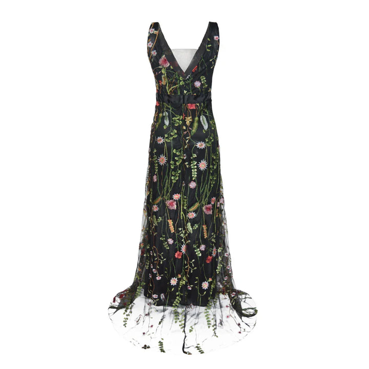 Black sleeveless evening gown with deep V-neck and multicolor floral embroidery on sheer fabric