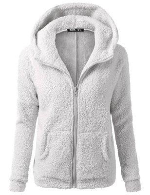 Light gray zip-up sherpa fleece jacket with hood and front pockets for women