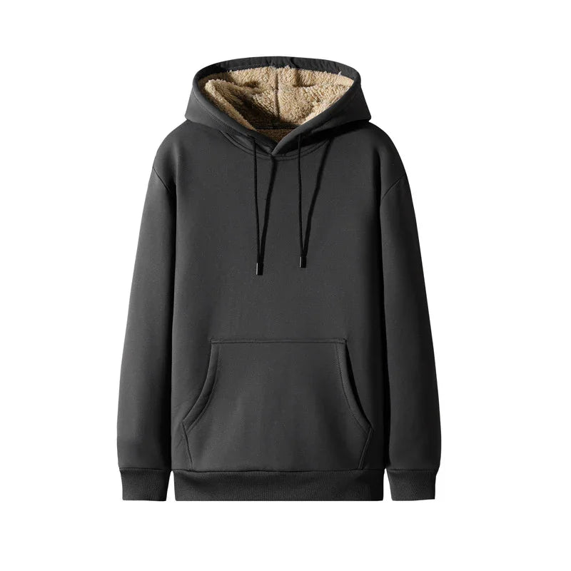 Black hoodie with beige fleece lining, front pocket, and drawstring hood on white background