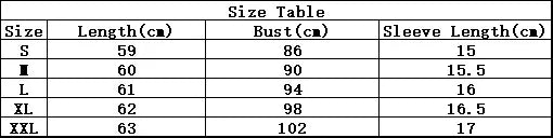 Size chart table showing length, bust, and sleeve length measurements in centimeters for sizes S to XXL.