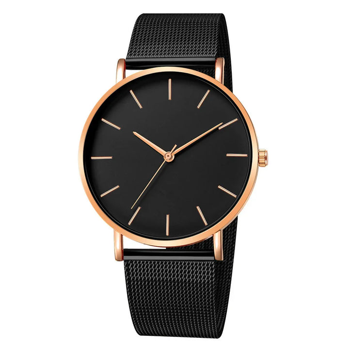 Black minimalist wristwatch with rose gold case and markers, black mesh strap