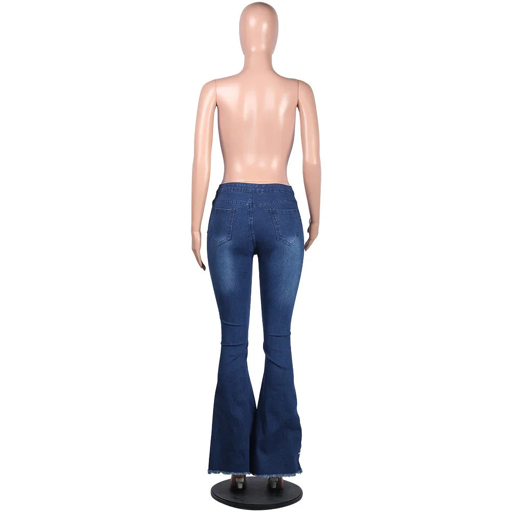 Back view of mannequin wearing blue high-waist flare jeans with frayed hems