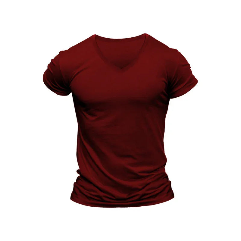 Plain maroon V-neck fitted men's T-shirt on white background